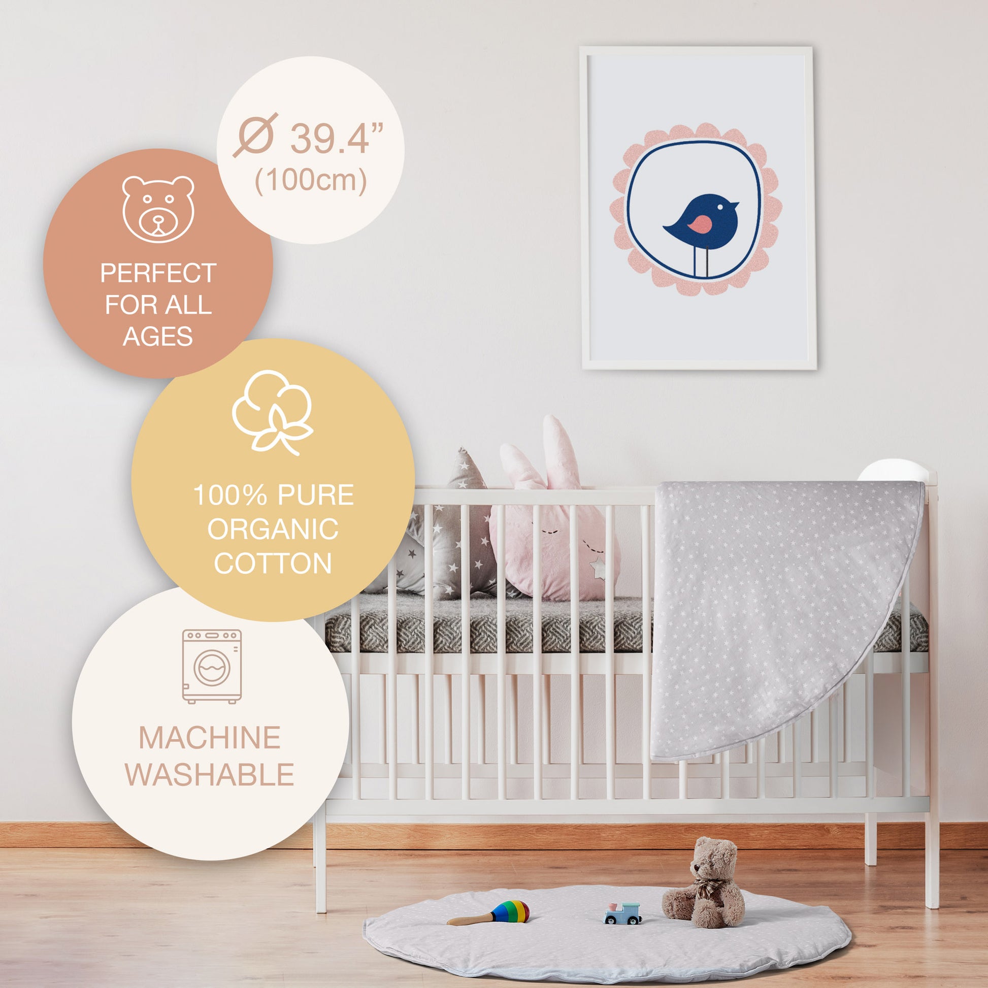 Stylish organic cotton baby playmat in a modern nursery, perfect for newborn play and sensory development