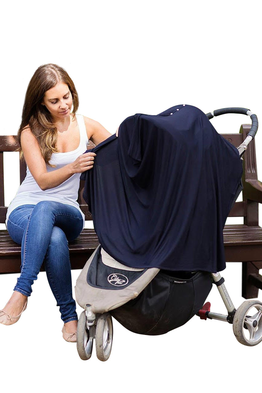 Byrd & Blume multi-use nursing cover – doubles as a car seat canopy and stroller cover for outdoor protection.
