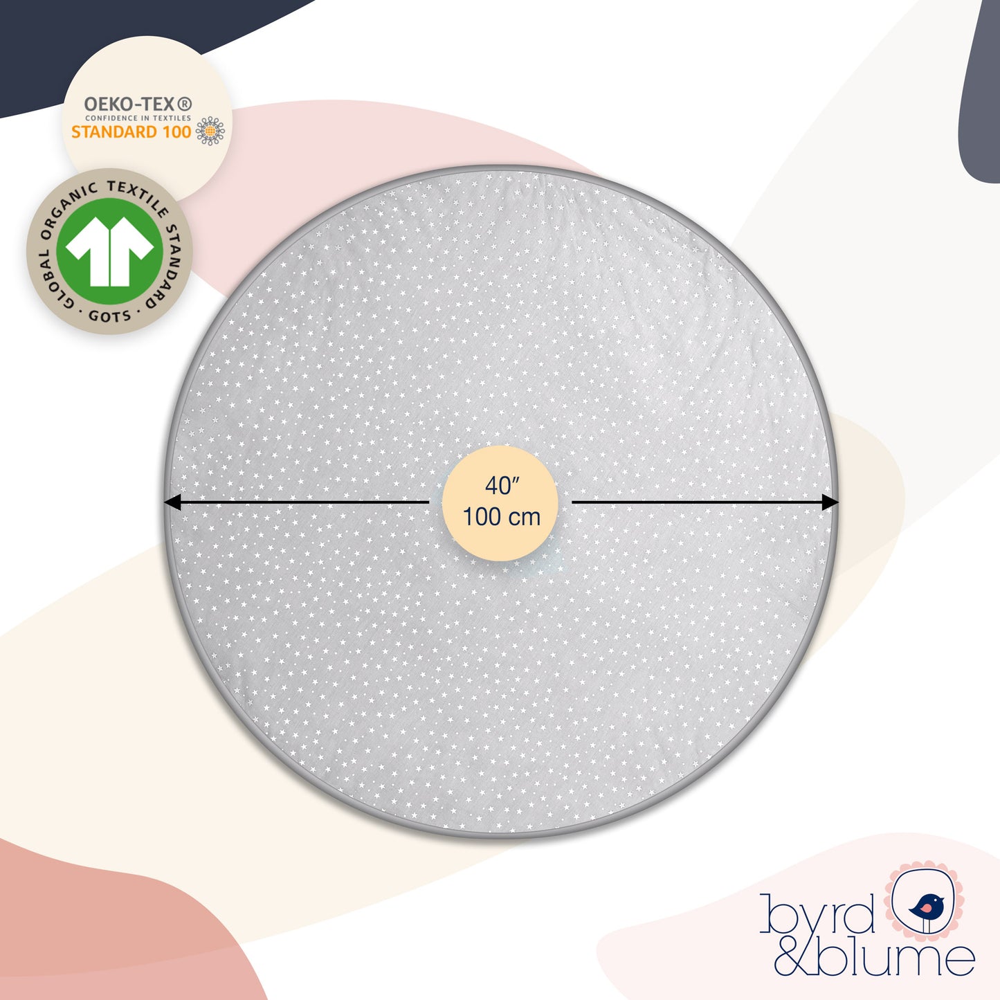 large 100cm. Close up Byrd & Blume organic cotton playmat – safe, stylish, and GOTS certified. Oeko-Tex certified