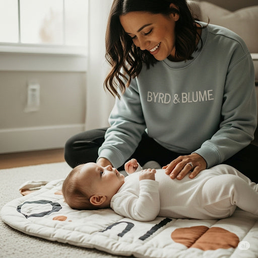 Beautiful scene with mother playing with baby on playmat. She wears a lovely Byrd and Blume sweater