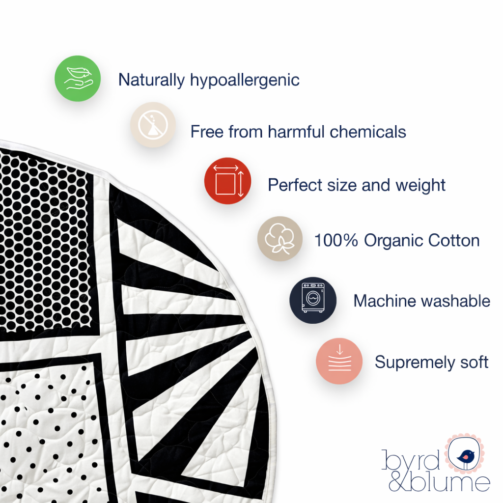 Organic cotton quilt with features listed on a white background