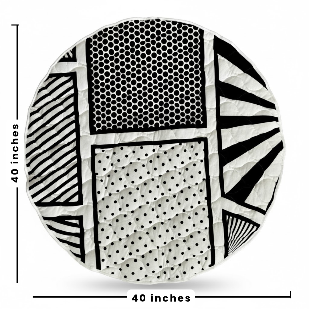 Round black and white patterned object with measurements on a white background