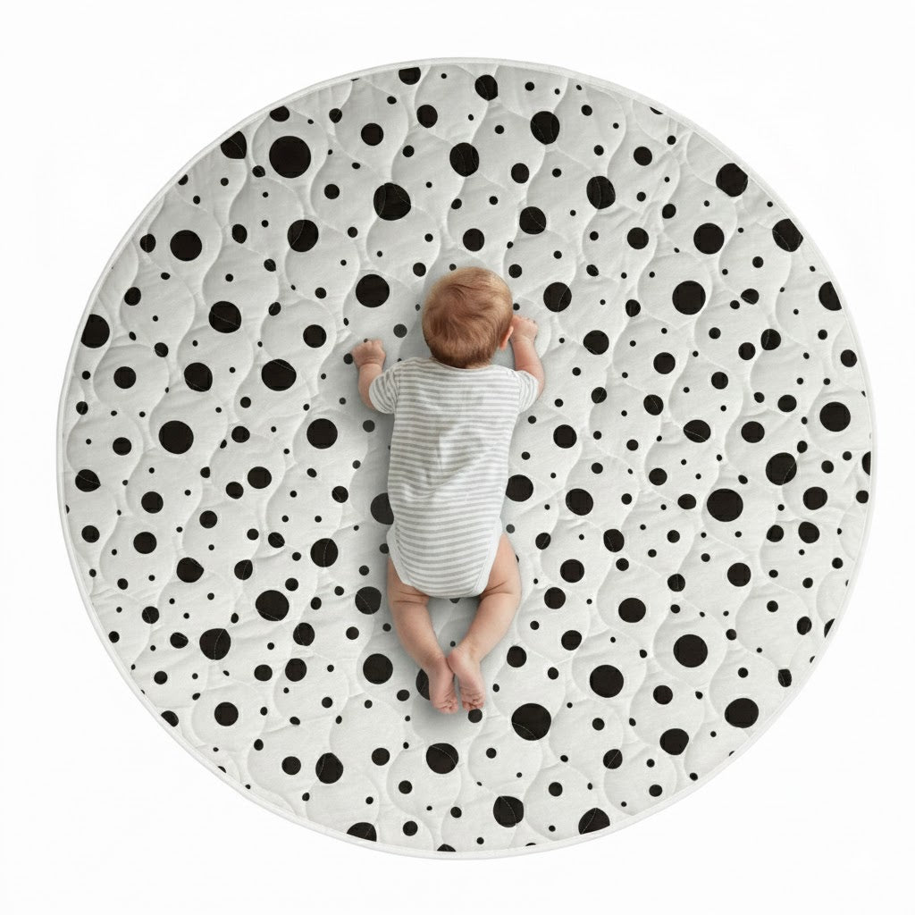 Round black and white polka dot mat with a baby lying on it