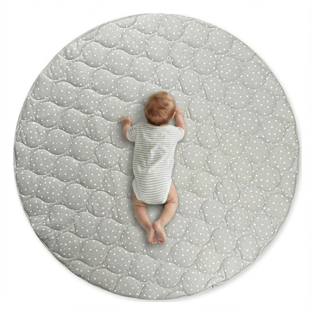 Baby lying on a large round gray mat with white polka dots