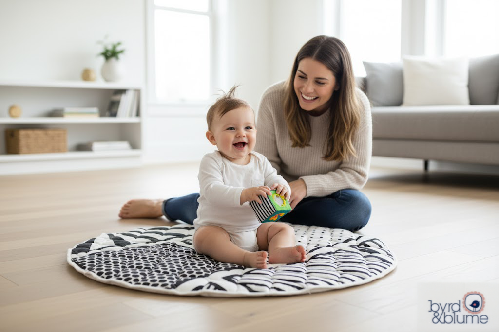 Woman and baby playing on a patterned mat in a living room