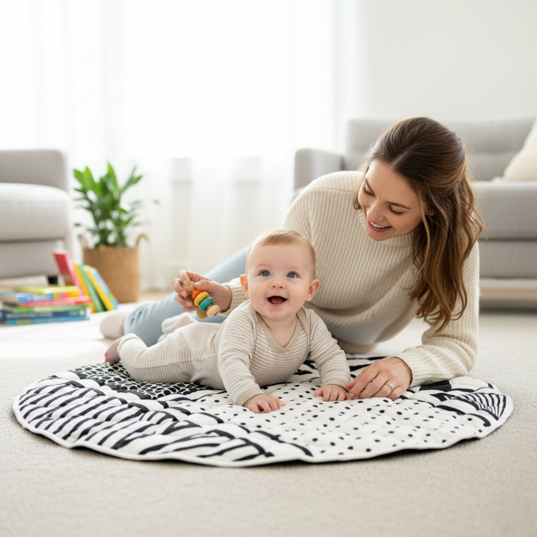 Woman and baby playing on a patterned mat in a living room