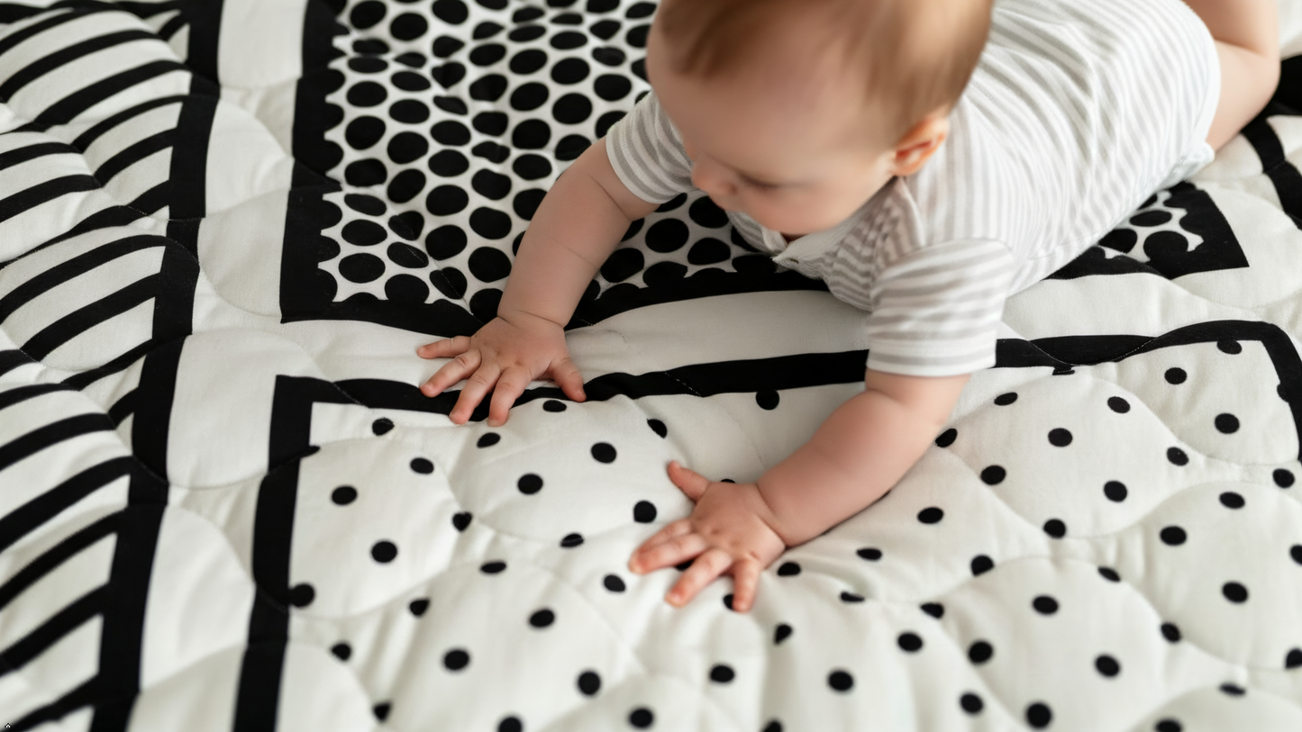 Baby crawling on a black and white patterned blanket