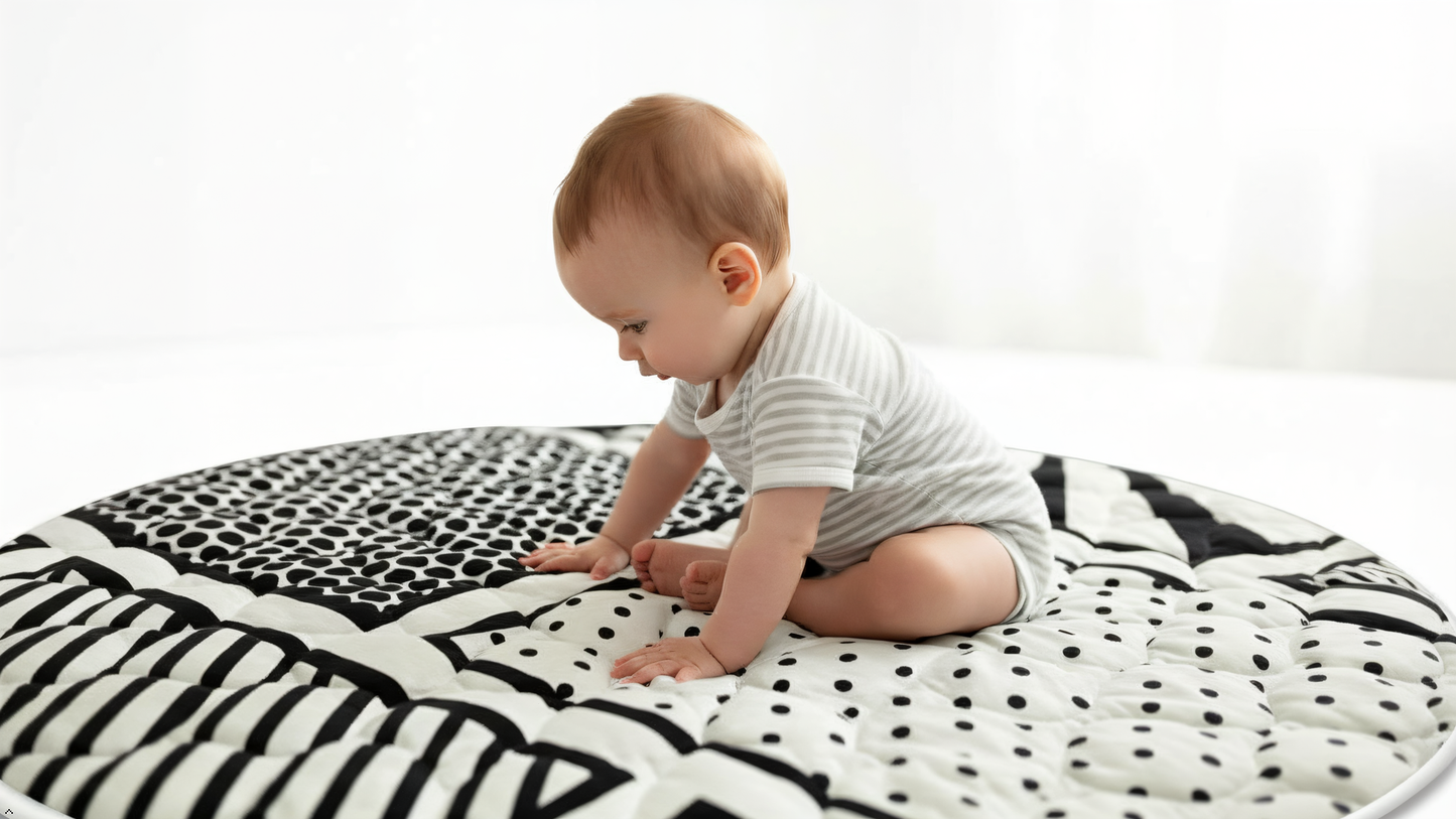 Baby sitting on a black and white patterned mat