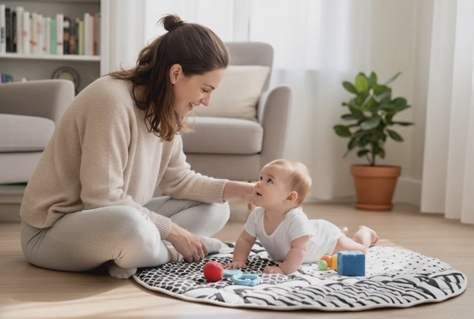 Load video: Byrd and Blume Beautiful organic cotton play mat. Baby and mother playing happily on it